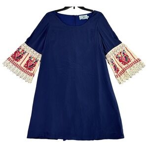 Judith March Blue Shift Dress Size Large Embroidery Arms Boho Festival Tunic